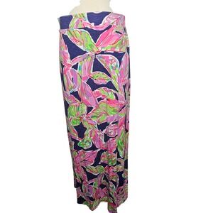 Lilly Pulitzer Maxi Skirt Pink Green‎ Floral Print Navy Blue Cotton Blend Size M